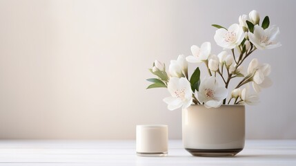 home interior with white flowers in a vase on a light background for product display - Powered by Adobe
