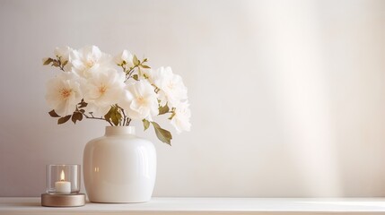 home interior with white flowers in a vase on a light background for product display