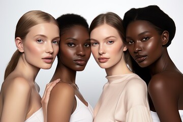 Photograph multiple models in a white studio backdrop, each showcasing unique cosmetics. Generated with AI - obrazy, fototapety, plakaty