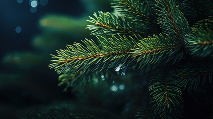 beautiful green pine tree brunch close up, christmas background