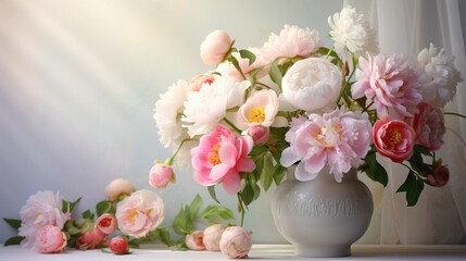 beautiful pink and white peonies flowers in a vase on with sunbeams with copy space