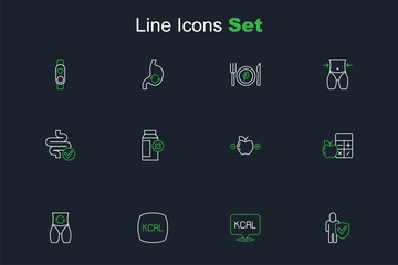 Set line Healthy lifestyle, Kcal, Metabolism, Calorie calculator, Lactose intolerance and Intestines icon. Vector