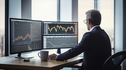 ビジネスマンがレートを分析　FX株取引 Businessman analyzing rate chart stock market. Created by generative Ai  - obrazy, fototapety, plakaty