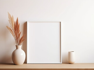 Empty wooden picture frame mockup hanging on pastel wall. Boho-shaped vases with dried flowers and house plants on table. Working space, home office. Modern interior. Generative AI technology