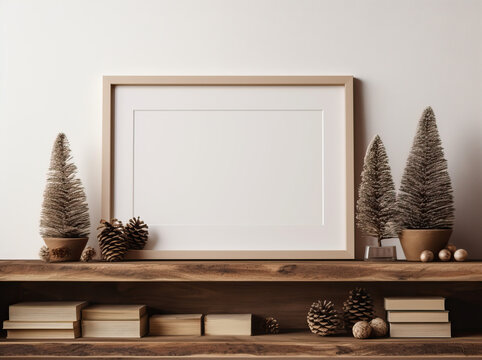 An empty picture frame flanked by a artificial pine tree on one side and a green one on the other, with candles of varying heights in between and pine cones. Mockup frame