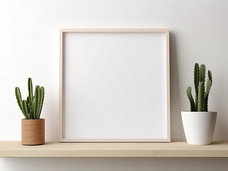 Wooden frame mockup in white minimalistic room with copy space for artwork, photo or print presentation