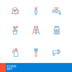 Set line Garden hose, pitchfork, sprayer water, Pack full of seeds, Plant in pot, Wooden staircase, Water tap and Carrot icon. Vector