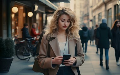 Fototapeta premium A young woman with a phone walking in a modern city, a photo of a pretty cute lady.