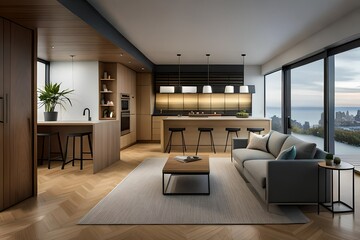 Obraz premium Unique Living Room interior with View of Kitchen in Open Concept New Luxury Home , and Second Floor with wooden floor .