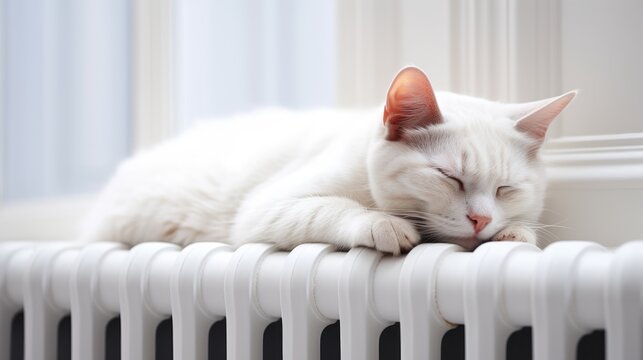 The cat lies on a heating radiator.The cat warms up on the battery created with Generative AI technology