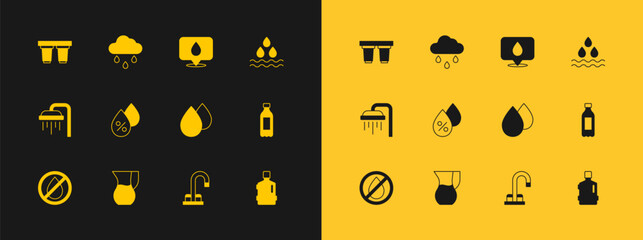 Set Water drop, Jug glass with water, tap, percentage, location, filter cartridge and Cloud rain icon. Vector