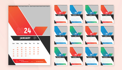 Monthly calendar template design for 2024 year. Week Starts on Sunday. Wall calendar in a modern style.