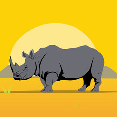 Animated vector illustration of a rhinoceros animal with sunset background