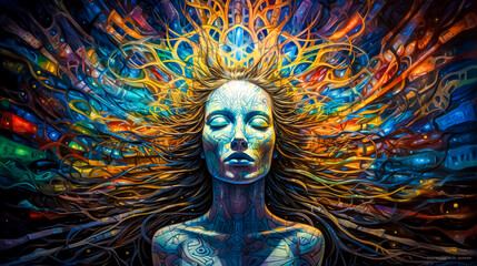 color creative abstract thinking, neural networks in the brain, fantastically colorful world of illusion