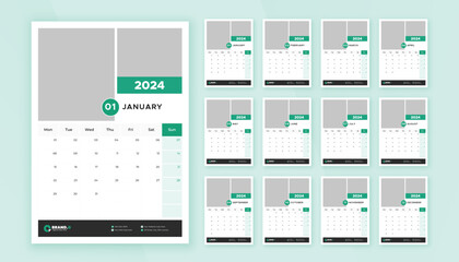 Monthly calendar template design for 2024 year. Week Starts on Monday. Wall calendar in a minimalist and creative style.