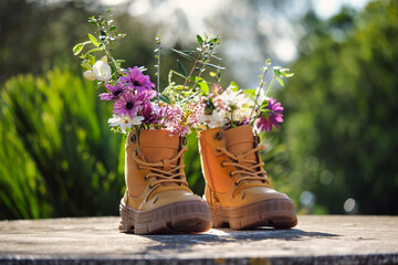 Blooming flowers placed in boots