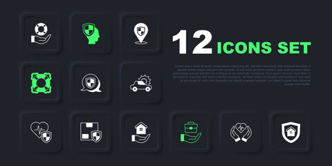 Set Life insurance, House with shield, Shield, Hand holding briefcase, Lifebuoy, Delivery security, and hand icon. Vector