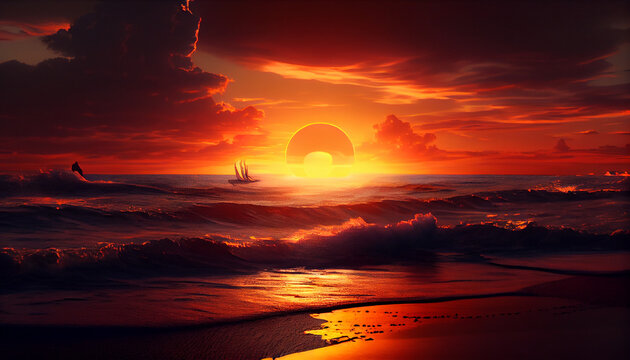 A beautiful orange sunset over the ocean, Ai generated image