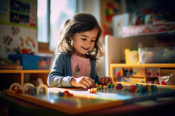 Fototapeta premium Young Girl Immersed in Educational Toy Play and Discovery