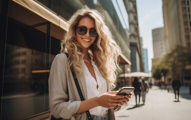 Fototapeta premium A young woman with a phone and glasses walking in a modern sunny city, a photo of a pretty cute lady.
