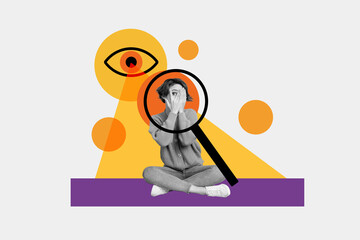 Composite photo collage of large eye look at young beautiful scared woman through magnifier glass...