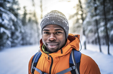 African American man in warm clothes with blurred snow covered landscape background. Winter hiker or cross country skier. Generative AI - Powered by Adobe