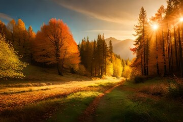 sunset in the autumn forest