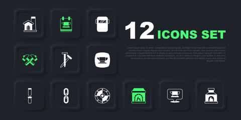 Set Blacksmith anvil tool, oven, Metallic nails, Crossed hammer, Chain link, and Round shield icon. Vector