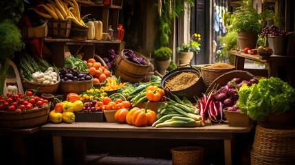 Witness the artistry of food with this awe-inspiring image. A market stall brims with fresh fruits and vegetables, their vibrant hues echoing the beauty of nature.