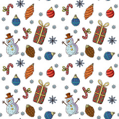 Seamless Christmas pattern. Doodle, new year, snowman, line drawing, winter, fabric, pattern, snowman, gift, holiday.