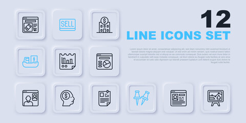 Set line Resume, Monitor with graph chart, Document, Push pin, Cargo ship boxes delivery, Business man planning mind, Sell button and icon. Vector