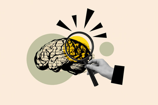 Composite illustration photo concept abstract collage of arm hold enlarge glass studying brain isolated creative drawing background