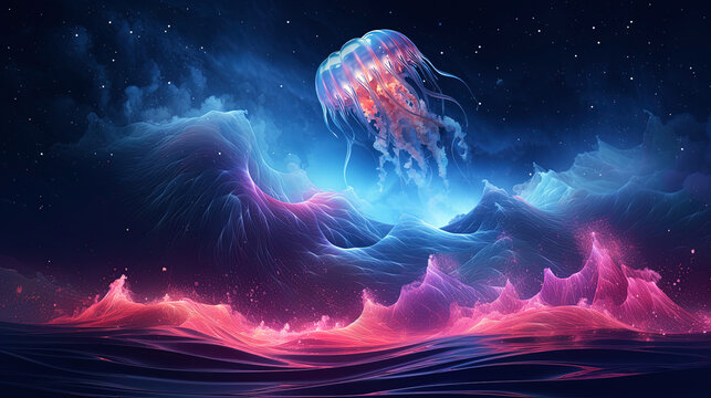 Neon wave, jellyfish, dark abstract background. AI generation