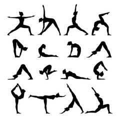 Set of slim sportive young woman silhouette doing yoga and fitness exercises