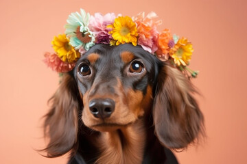 Dachshund dog with flower crown on head on pastel background