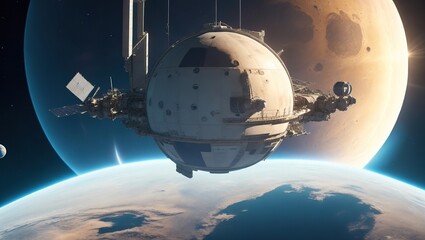 Space Station Orbit: Futuristic Outpost Amidst Starry Cosmos