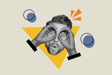 Composite illustration photo collage of funny impressed man hold arms on eyes staring at sale...