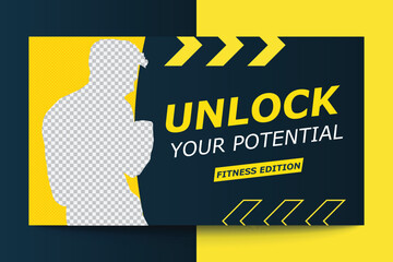 Editable Fitness gym and workout  video thumbnail and YouTube cover template, web banner vector concept, trendy design, modern look, fitness challenges - obrazy, fototapety, plakaty