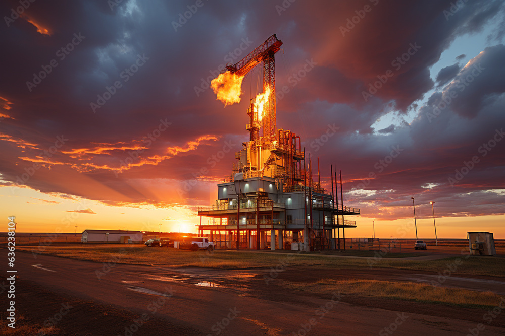 Poster an aerial view of a natural gas drilling rig set against a dramatic sky, showcasing the machinery us
