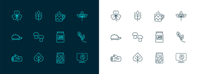 Set line Leaf, Jam jar, Pickled cucumbers in, Mushroom, Cup of tea, Clover and icon. Vector