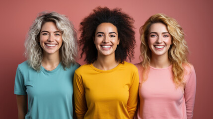 Happy multicultural three women smiling at camera isolated on pink.