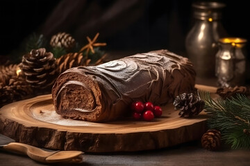 yule log cake, log-shaped festive dessert with cream filling
