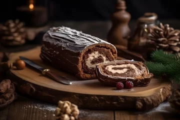 Zelfklevend Fotobehang yule log cake, log-shaped festive dessert with cream filling © Niko
