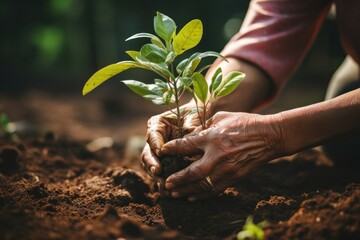 Planting trees for green sustainable future, Person holding a plant in the dirt. Generative AI. 