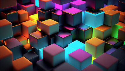 Abstract 3d background wallpaper with glass squares with colorful light emitter iridescent neon holographic gradient, Ai generated image