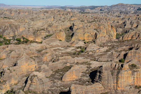 View of the rocky mountains in National Park Isalo, Madagascar. View of the canyon with blue sky in the background.