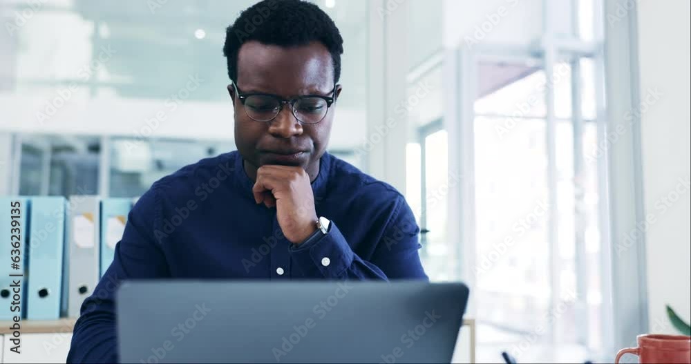 Poster Business man, computer and thinking, planning or problem solving for marketing, website design or project. Professional african person with focus, decision or confused on laptop for work solution