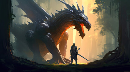 Knight and Dragon Medieval Illustration