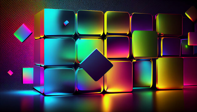 Abstract 3d background wallpaper with glass squares with colorful light emitter iridescent neon holographic gradient, Ai generated image