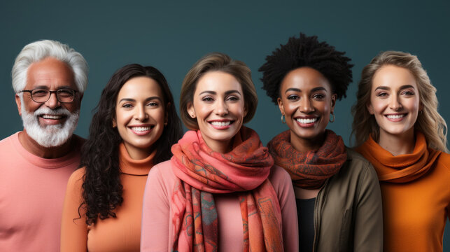 Portrait of happy multiethnic group of diverse people wearing scarfs.